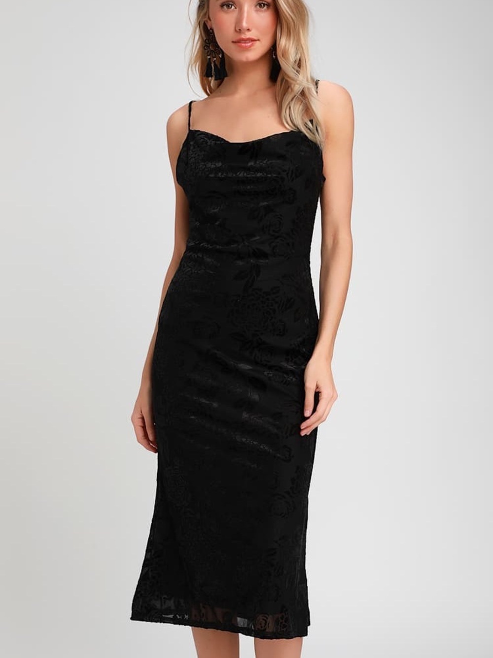 Lulus Noelle Black Burnout Velvet Midi Dress – Size Small | Evening Glam | Luxe